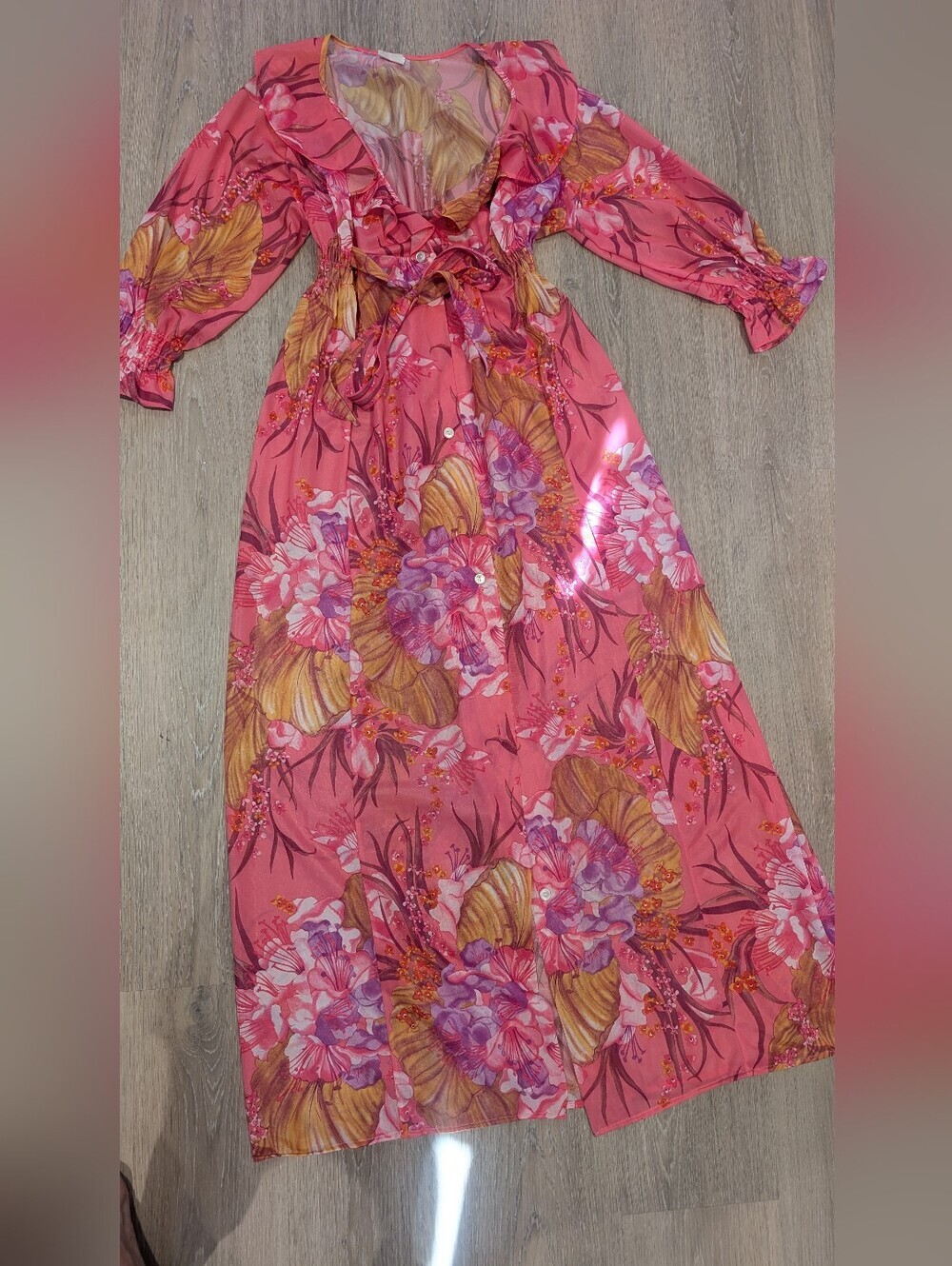 Vintage Pink Floral Maxi Duster Dress Boho Button Front - Picture 7 of 10